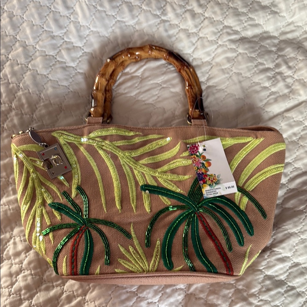 Tan and Green Palm Leaf Tote Bag with Durable Canvas